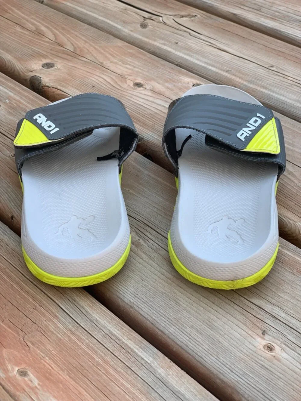 And1 Kids Slides Sandals Youth 2/3 Gray Yellow Slip On Adjustable Athletic Shoes